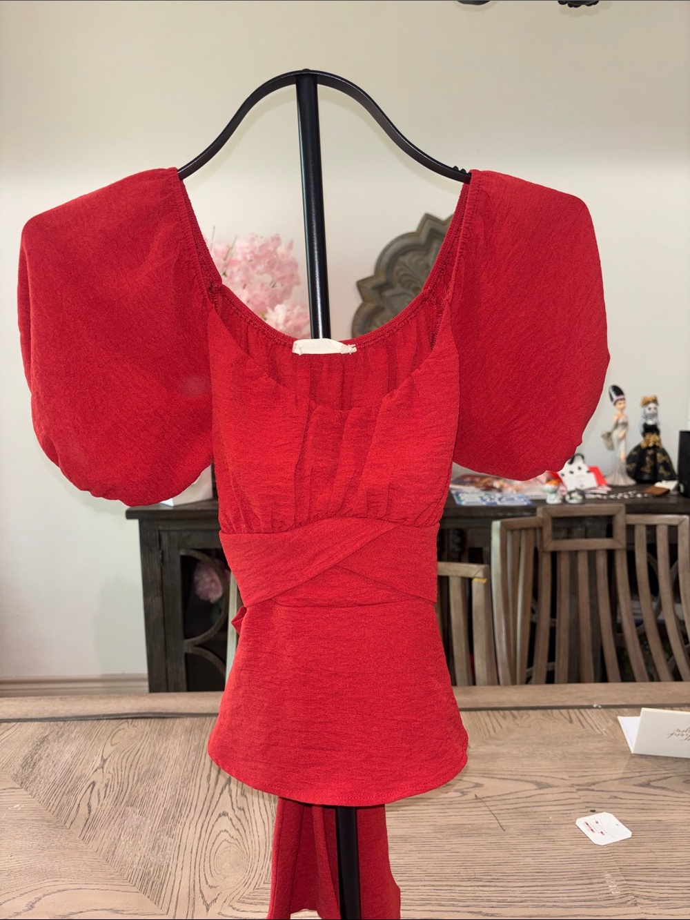 Altar'd State Red Puff Sleeve Wrap-Style Top